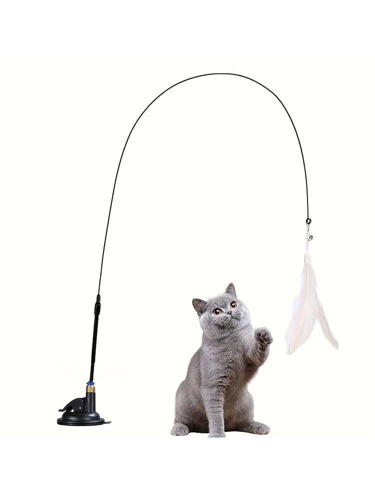 PurrJoy Cat Teaser Toy - Interactive Bell And Feather Wand With Long Suction Cup