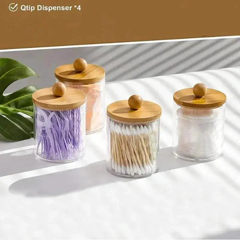 Qtip Holder With Bamboo Lid Clear Plastic Apothecary Jar