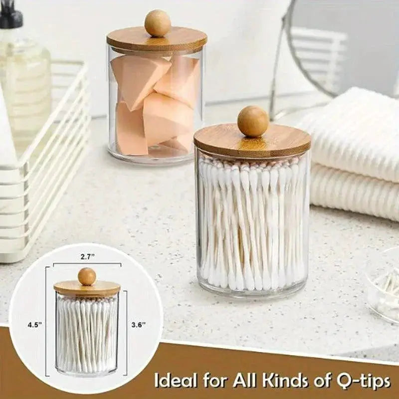 Qtip Holder With Bamboo Lid Clear Plastic Apothecary Jar