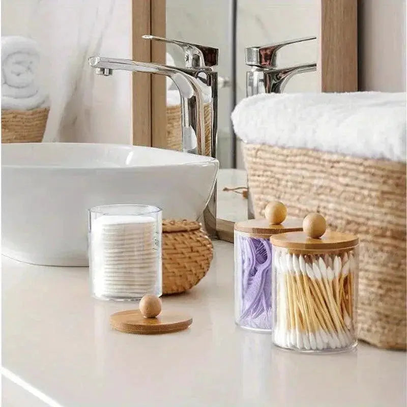 Qtip Holder With Bamboo Lid Clear Plastic Apothecary Jar