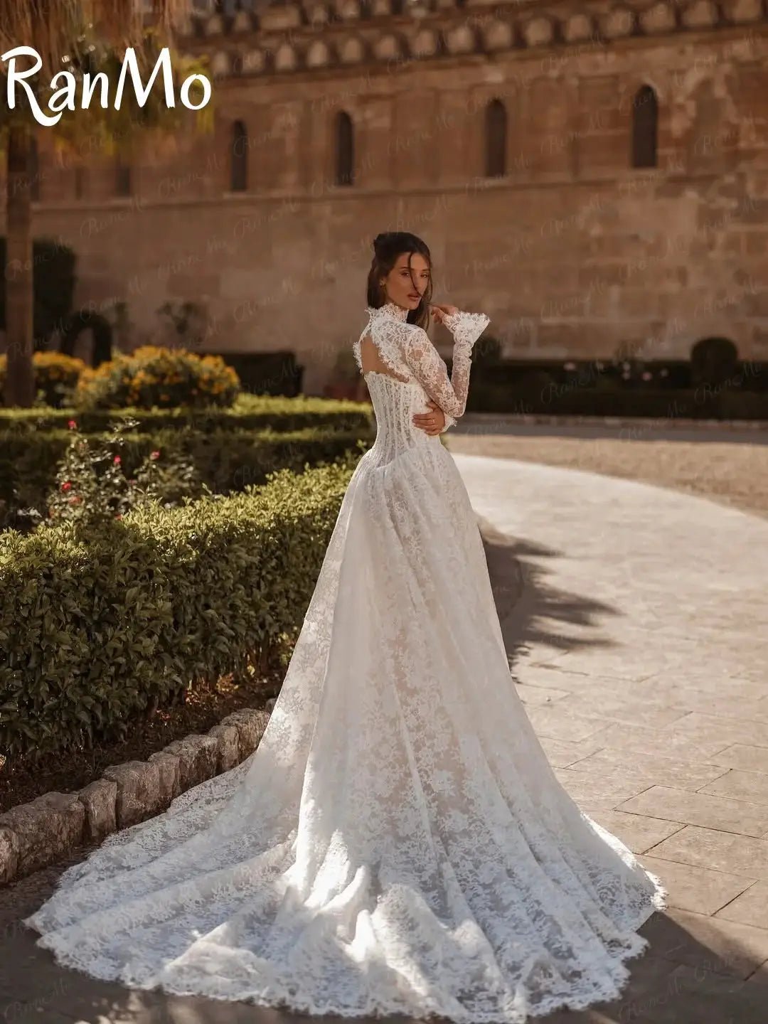 Ranmo 2025 White Wedding Dress High Neck A Line Lace Gown Timeless Boho Elegance