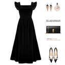 Red Square-Collar Party Dress for Sophisticated Evening Elegance