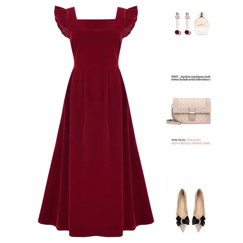 Red Square Collar Party Dress For Sophisticated Elegance