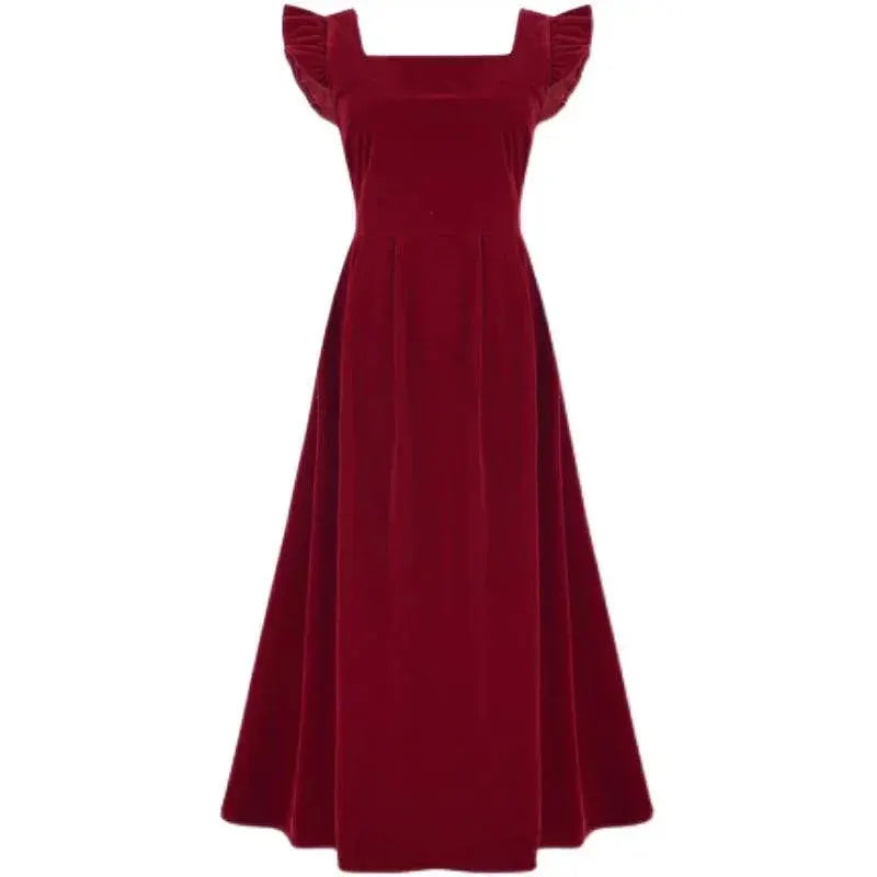 Red Square Collar Party Dress For Sophisticated Elegance