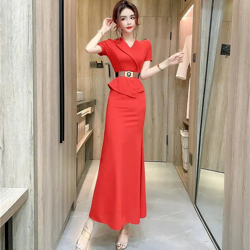 Red V Neck Evening Gown Two Piece Dress For Events