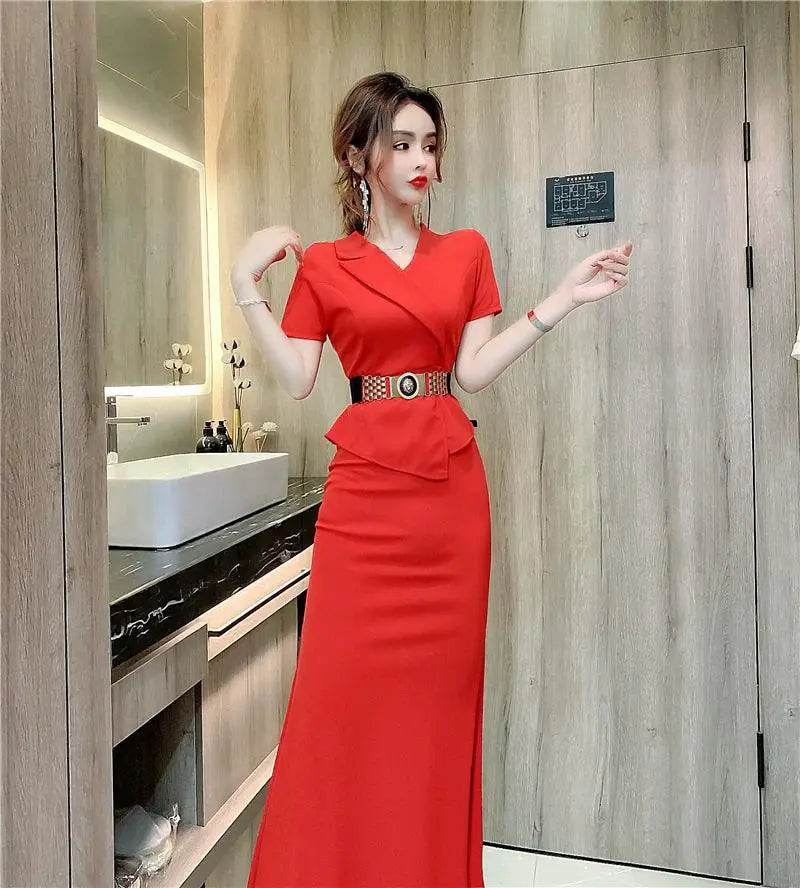 Red V Neck Evening Gown Two Piece Dress For Events
