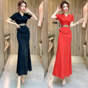 Red V-neck Evening Gown Elegant Two-Piece Dress Ideal for Events
