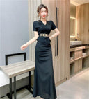 Red V-neck Evening Gown Elegant Two-Piece Dress Ideal for Events