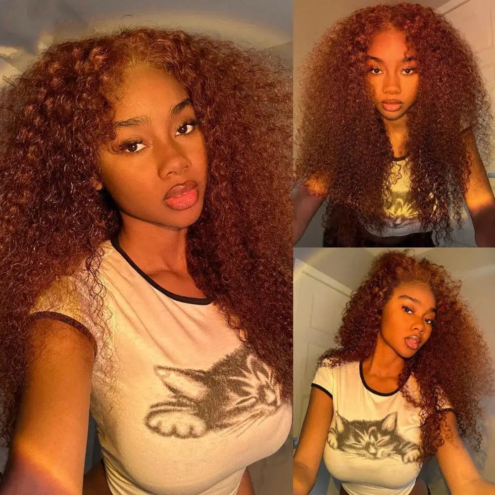Reddish Brown Kinky Curly Lace Front Wig Luxurious Volume