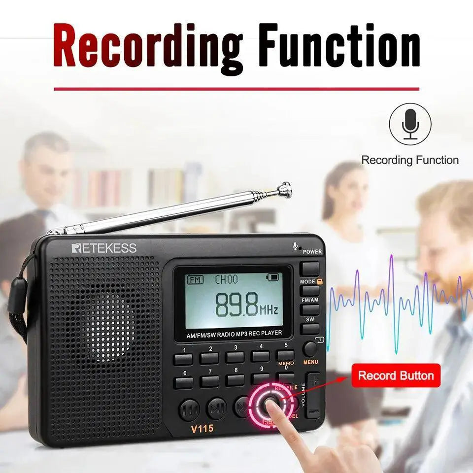 RETEKESS V115 Portable Radio AM FM SW Shortwave USB Recorder
