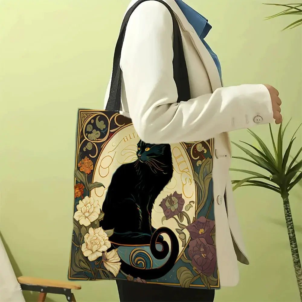 Retro Art Noble Black Cat Tote Bag Linen Fabric 40x40cm Lightweight Shoulder Bag