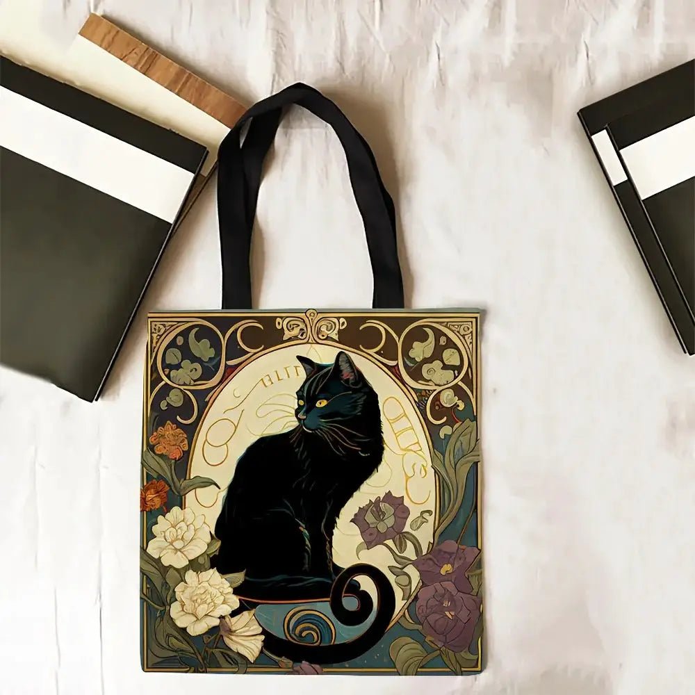Retro Art Noble Black Cat Tote Bag Linen Fabric 40x40cm Lightweight Shoulder Bag