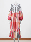 Retro Stripe Patchwork Maxi Dress Vintage Lantern Sleeve Robe