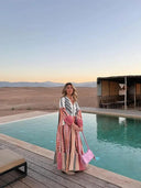 Retro Stripe Patchwork Maxi Dress Vintage Lantern Sleeve Robe