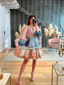 Retro Stripe Patchwork Maxi Dress Vintage Lantern Sleeve Robe