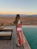 Retro Stripe Patchwork Maxi Dress Vintage Lantern Sleeve Robe