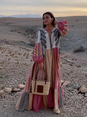 Retro Stripe Patchwork Maxi Dress Vintage Lantern Sleeve Robe