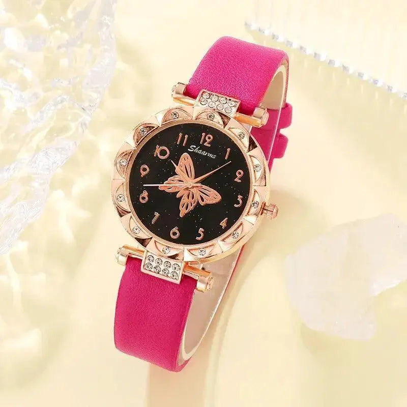 Rose Red Butterfly Quartz Watch Set Elegant Timepiece Luxury