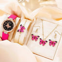 Rose Red Butterfly Quartz Watch Set Elegant Timepiece Luxury