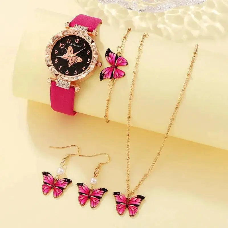 Rose Red Butterfly Quartz Watch Set Elegant Timepiece Luxury