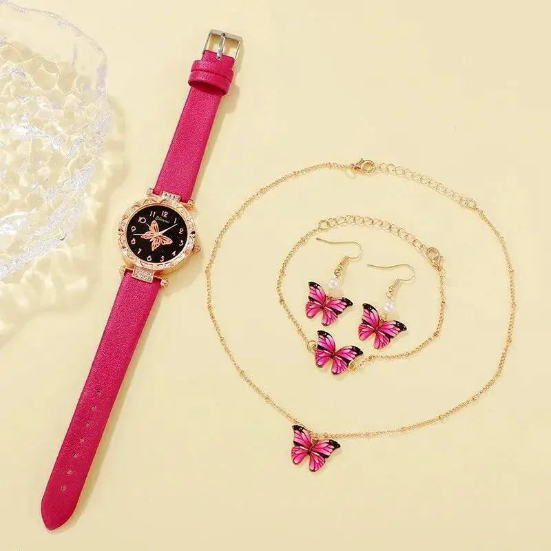 Rose Red Butterfly Quartz Watch Set Elegant Timepiece Luxury