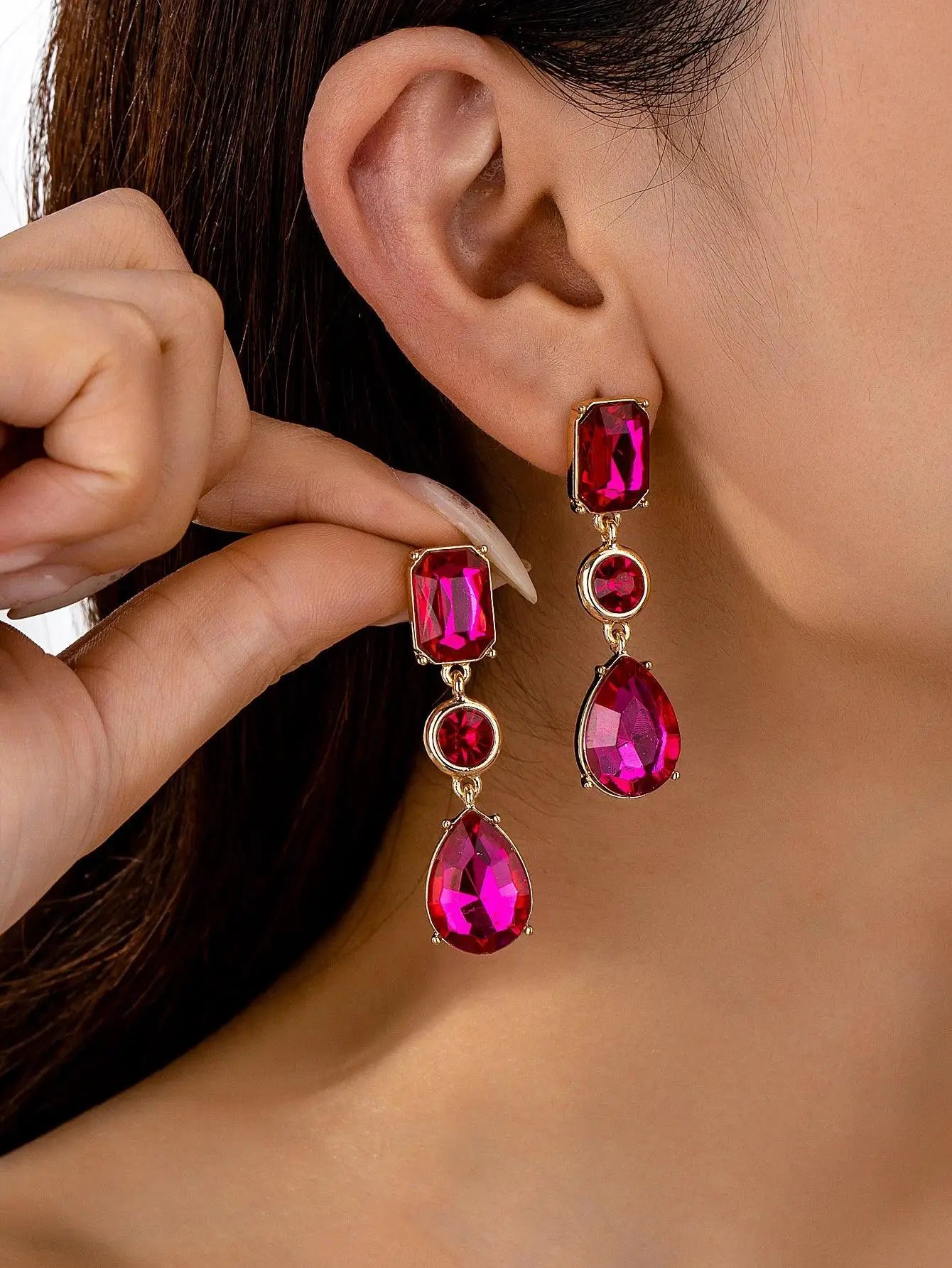 Rose Red Imitation Gemstone Stud Earrings Gold Plated - OurLum.com