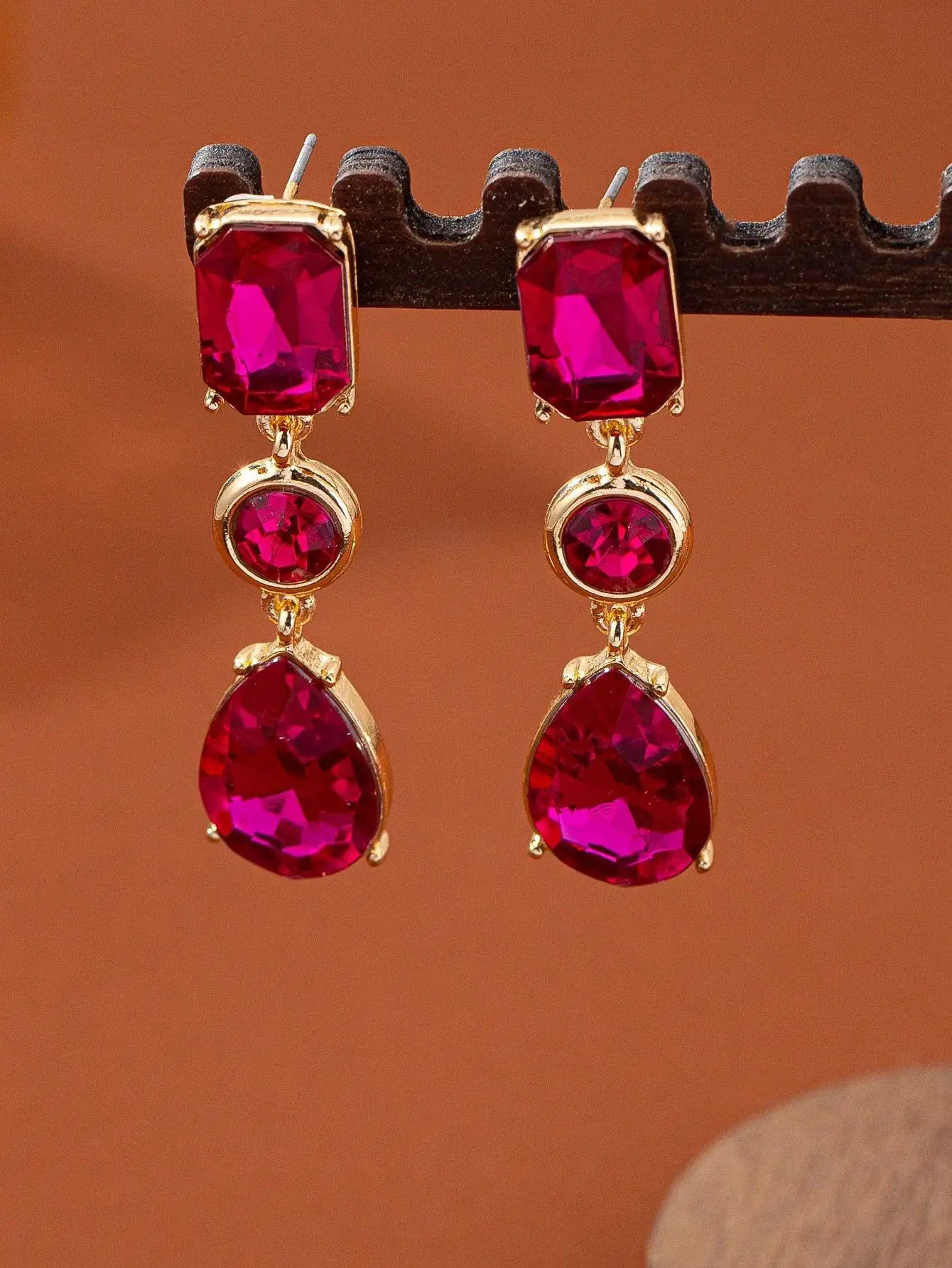 Rose Red Imitation Gemstone Stud Earrings Gold Plated - OurLum.com