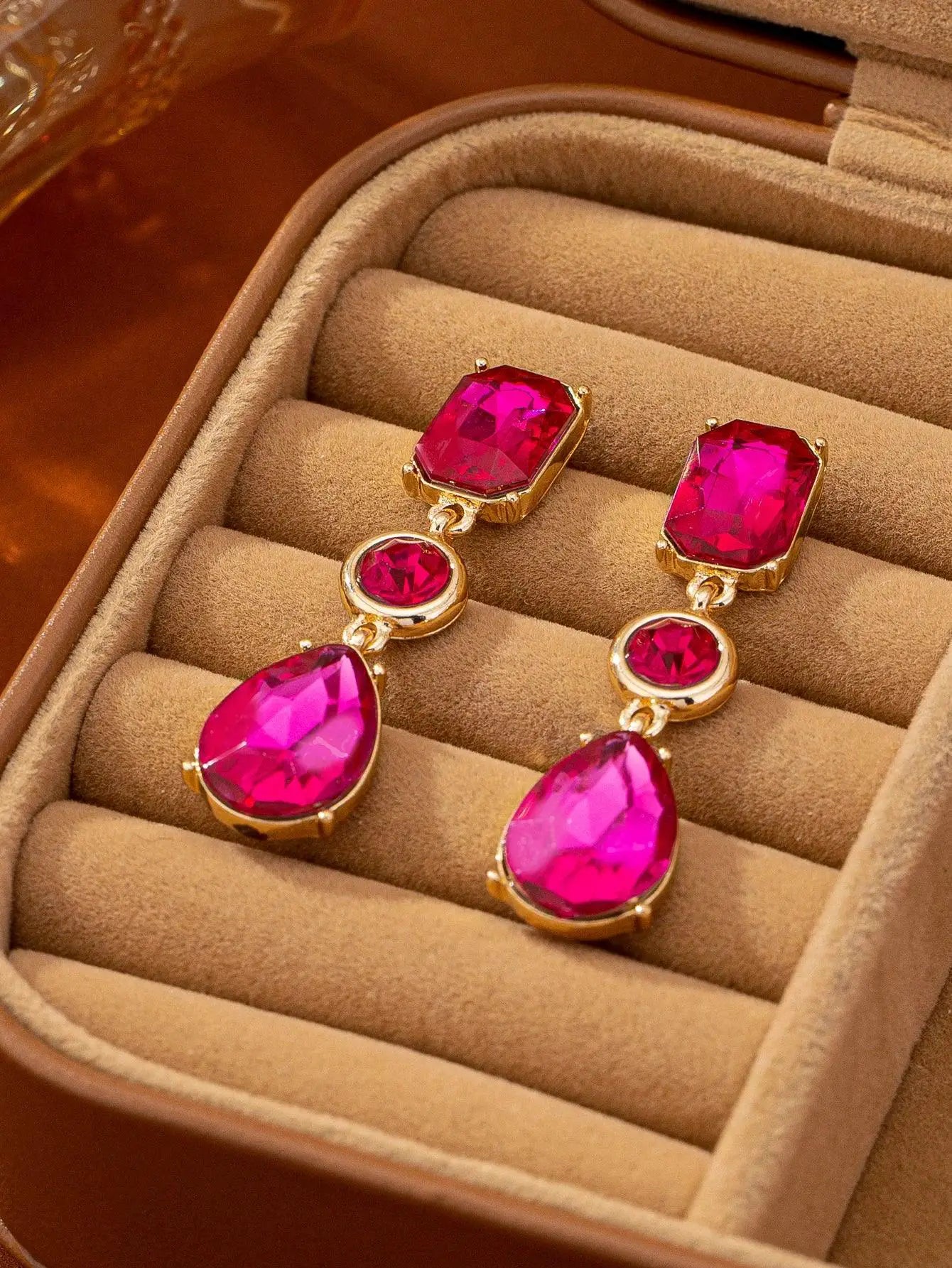 Rose Red Imitation Gemstone Stud Earrings Gold Plated - OurLum.com