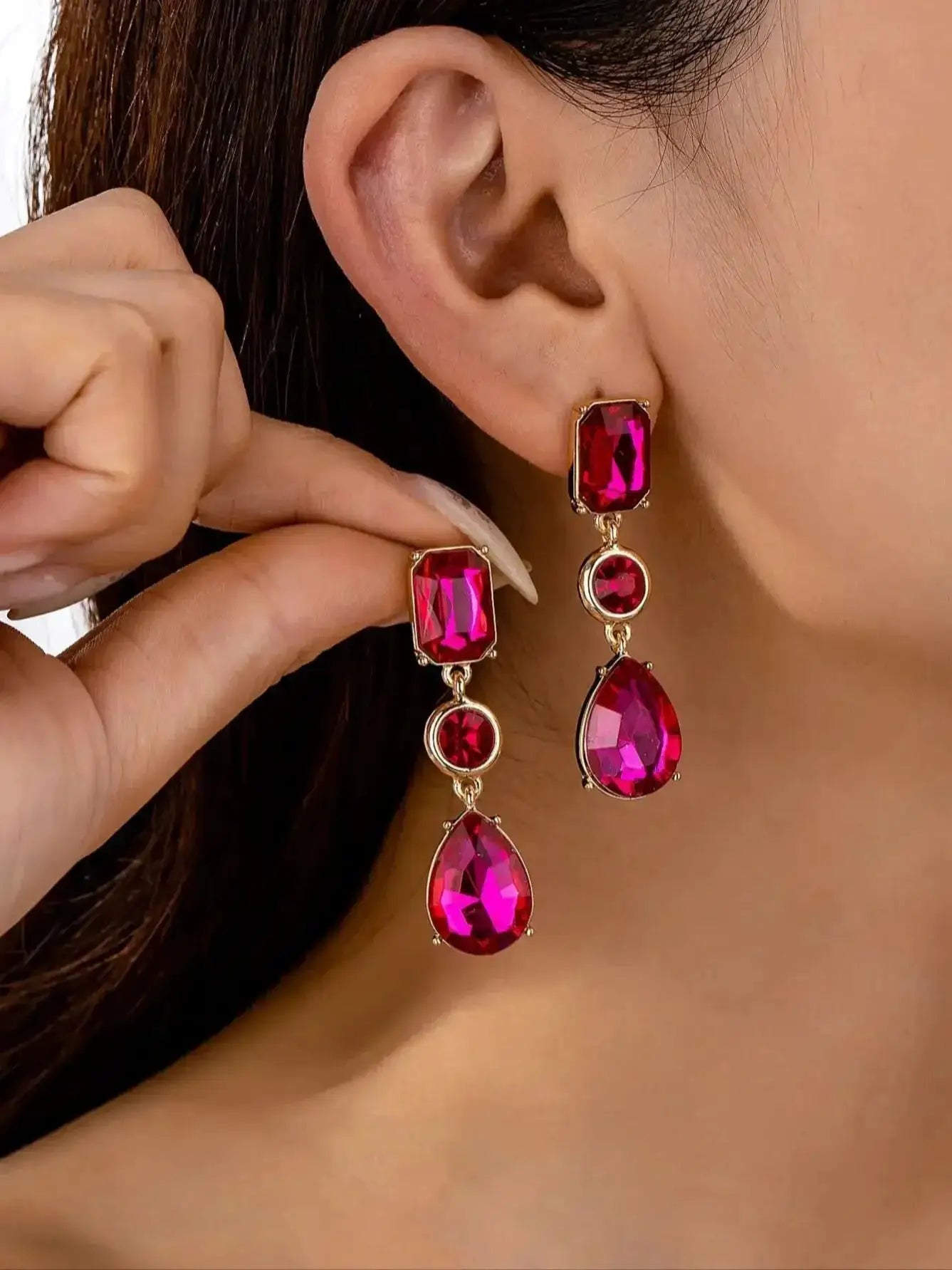 Rose Red Imitation Gemstone Stud Earrings Gold Plated - OurLum.com