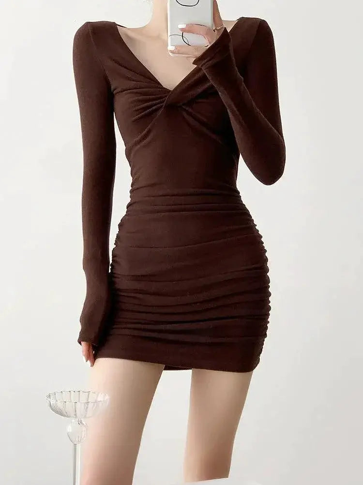 Ruched Coffee V Neck Dress Sophisticated Elegance for All