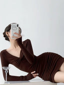 Ruched Coffee V-neck Dress Sophisticated Elegance for All