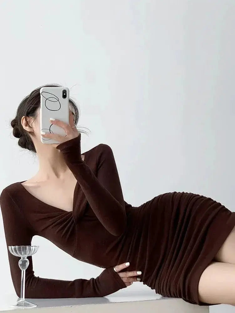 Ruched Coffee V Neck Dress Sophisticated Elegance for All