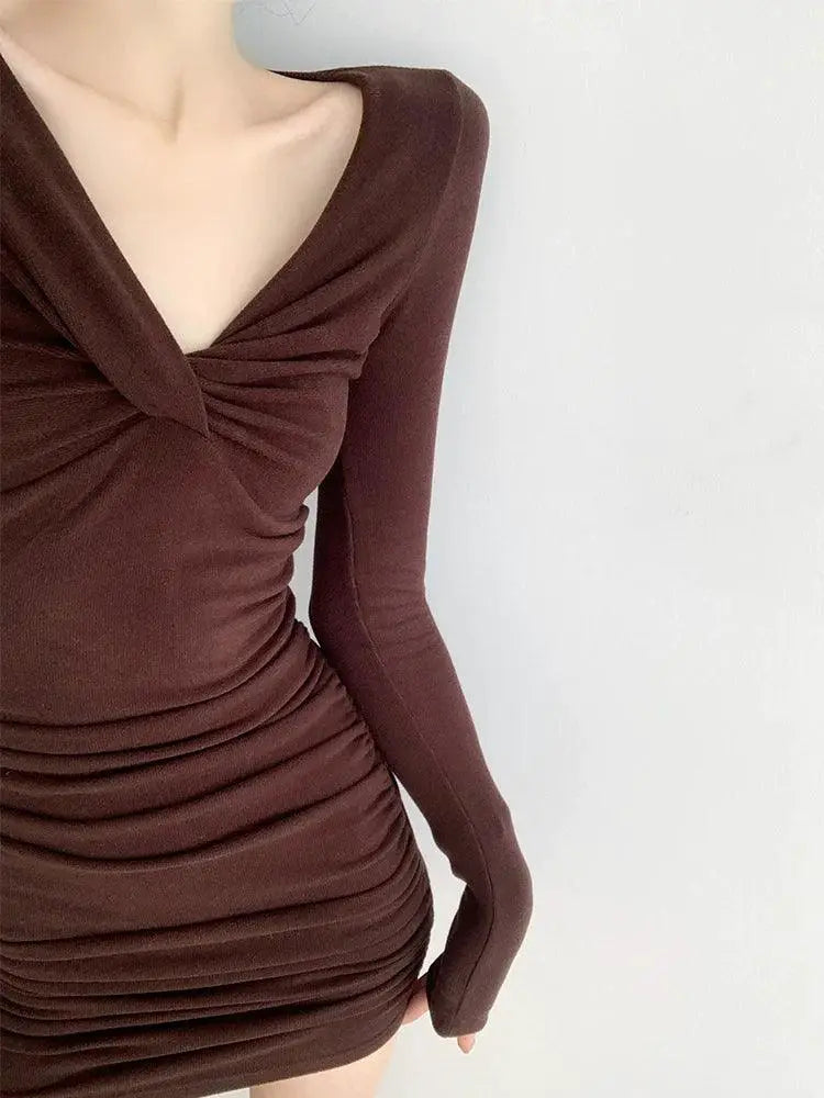 Ruched Coffee V Neck Dress Sophisticated Elegance for All