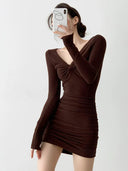 Ruched Coffee V-neck Dress Sophisticated Elegance for All