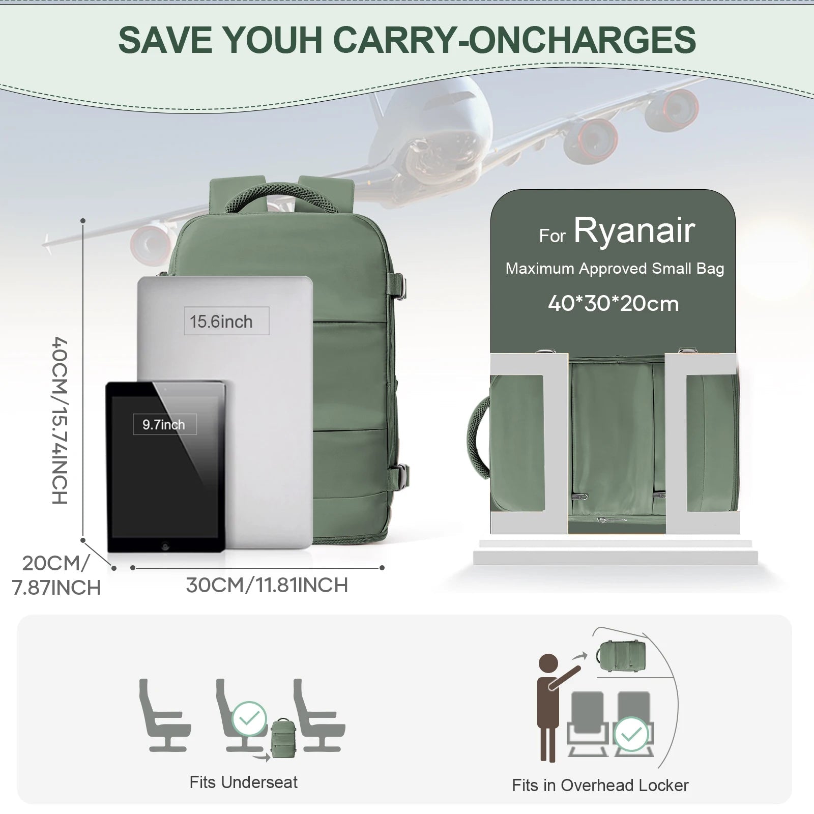 Ryanair Cabin Backpack 40x30x20 Travel Laptop Bag Unisex 20 To 35L Everyday Plus