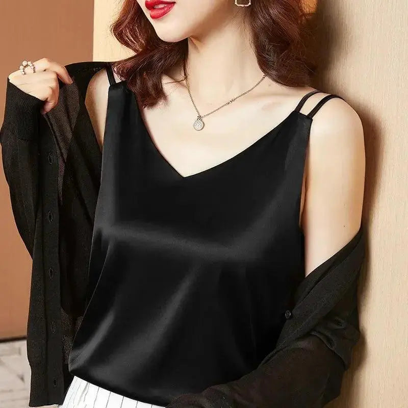Satin Lace V Neck Blouse Silk Womens Top For Comfort
