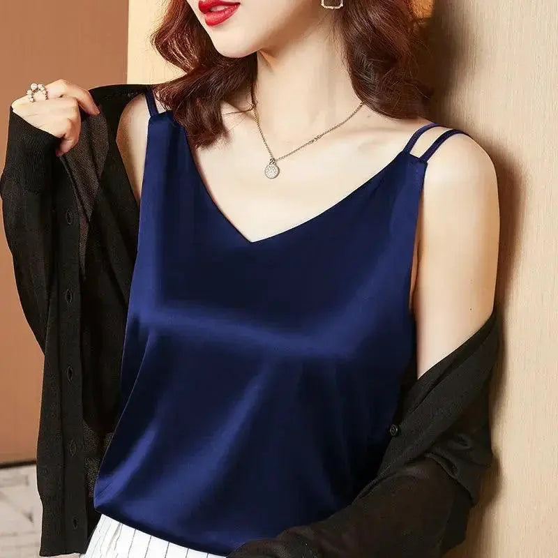 Satin Lace V Neck Blouse Silk Womens Top For Comfort