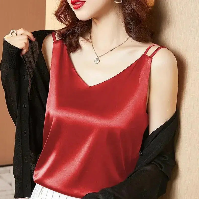 Satin Lace V Neck Blouse Silk Womens Top For Comfort