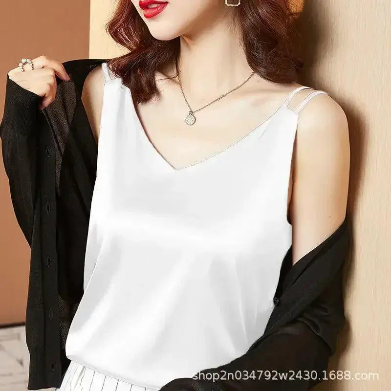 Satin Lace V Neck Blouse Silk Womens Top For Comfort