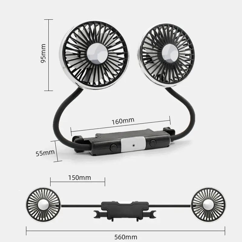 SEAMETAL Car USB Dual Head Fan 3 Speed 360 Degree Adjustable Backseat Breeze