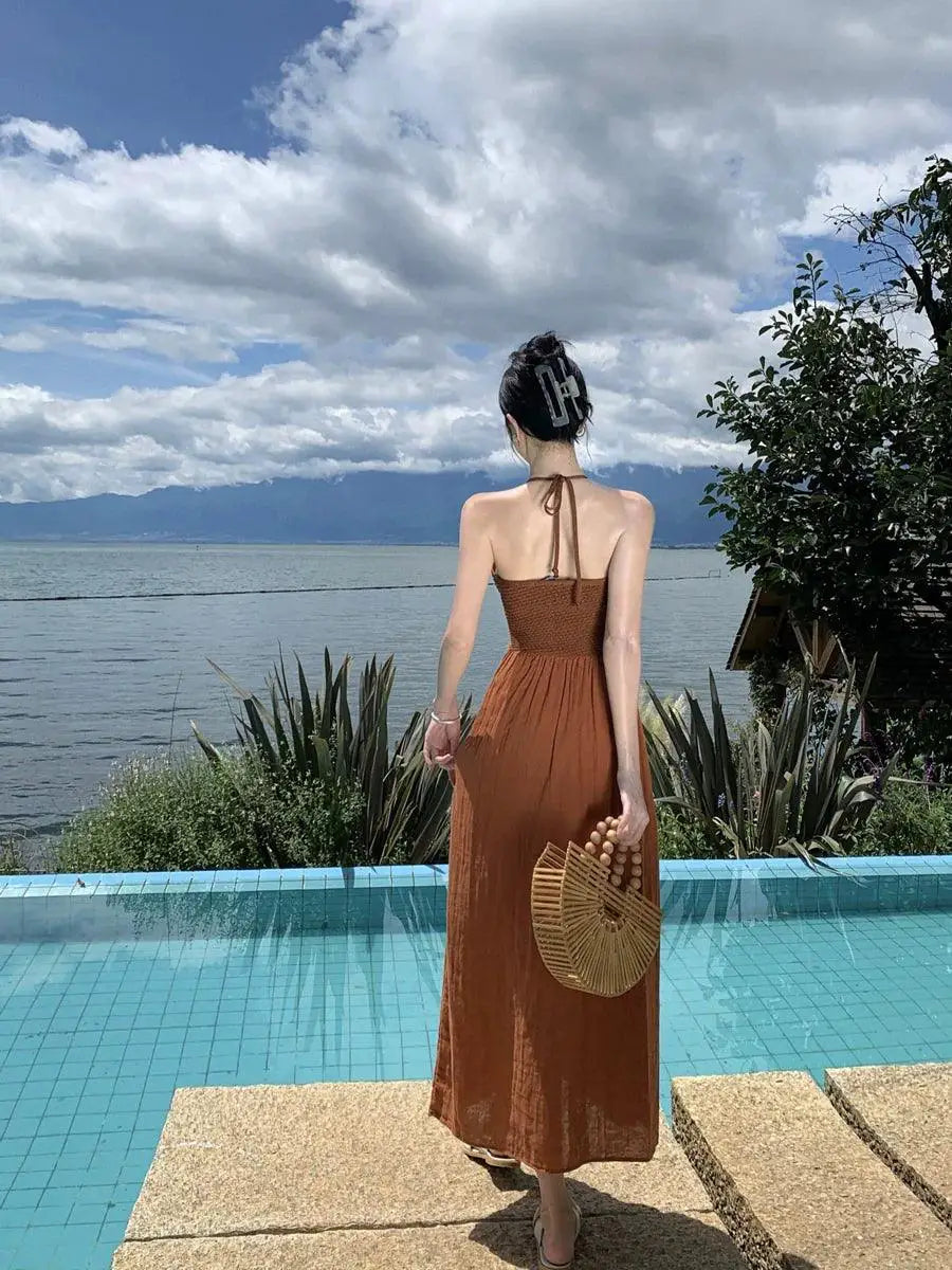 Seaside Halterneck Dress Elegant Vacation Style Dress