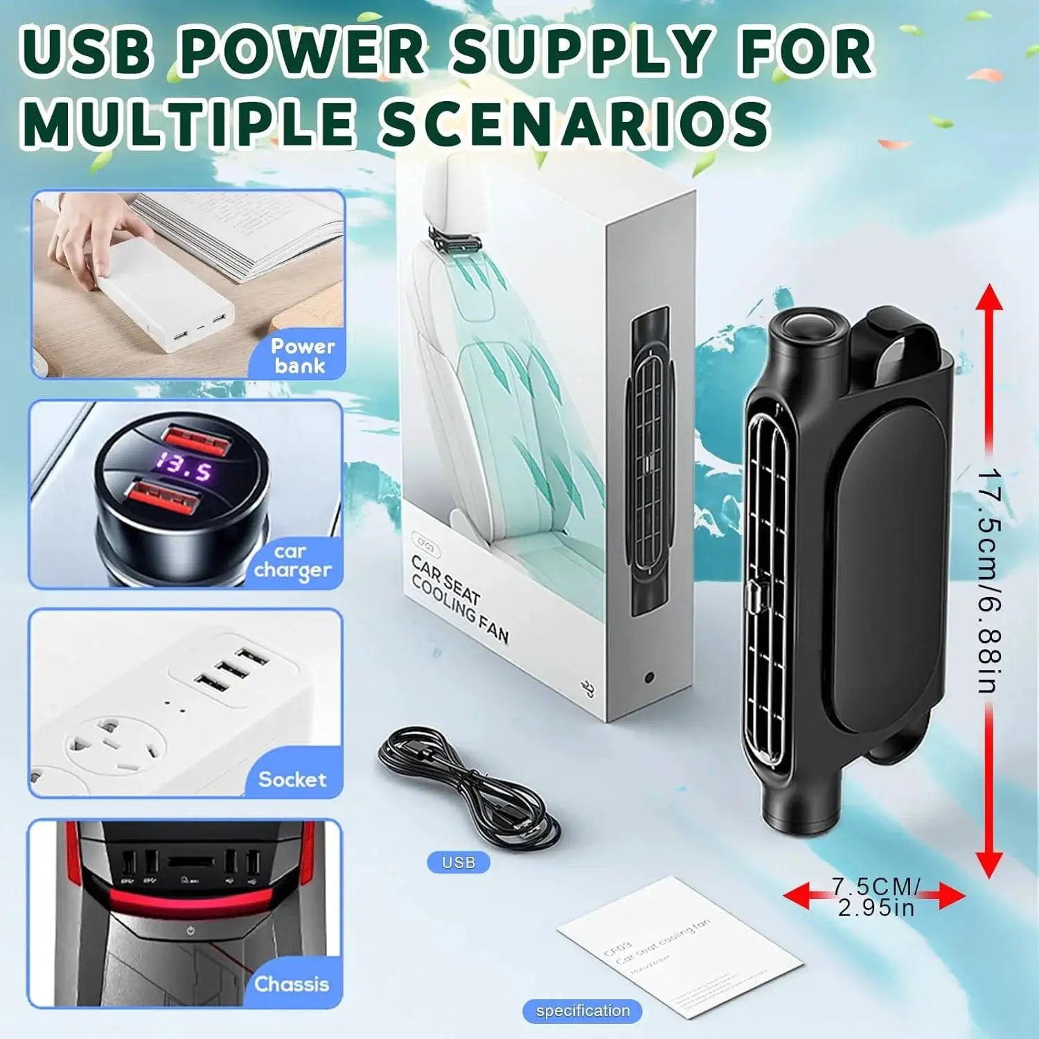 Seat Cooling Fan 5V USB 3 Speed Headrest Mount For Front Rear Seats Stay Cool