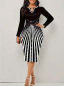 Secret Elegance Geometric Pattern Long Sleeve Bodycon Dress