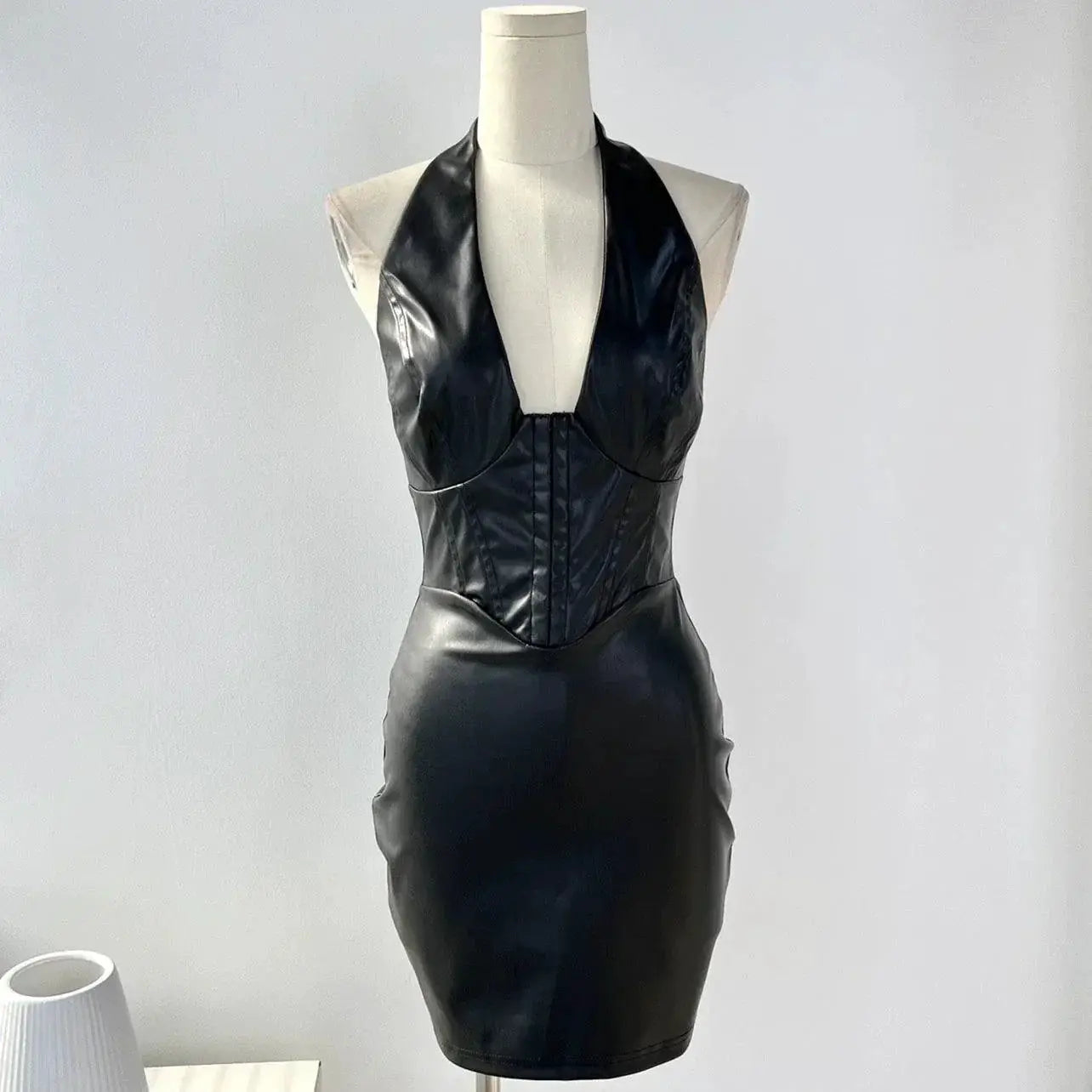 Seductive Deep V Neck PU Leather Dress Fashion Statement