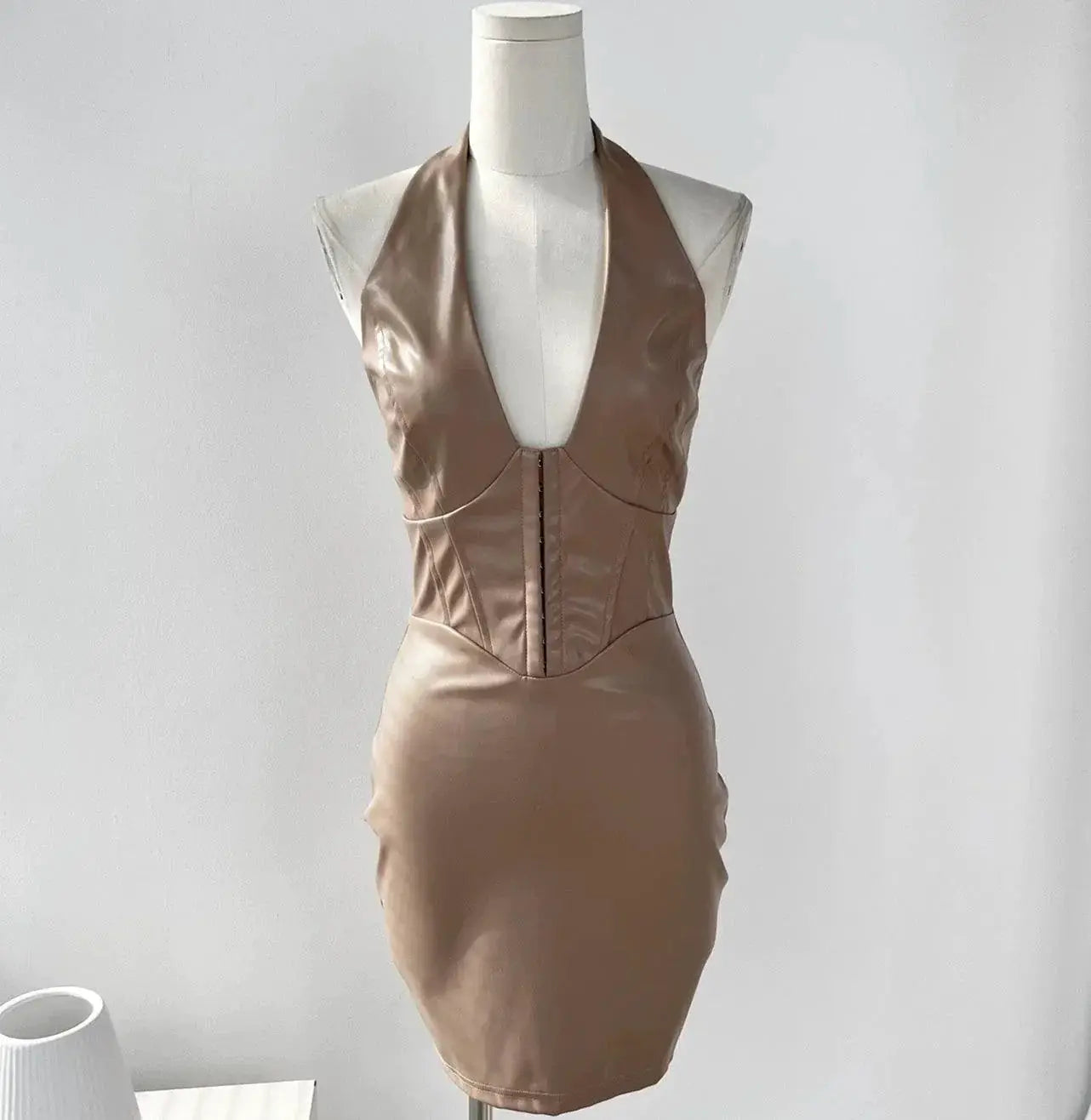 Seductive Deep V Neck PU Leather Dress Fashion Statement