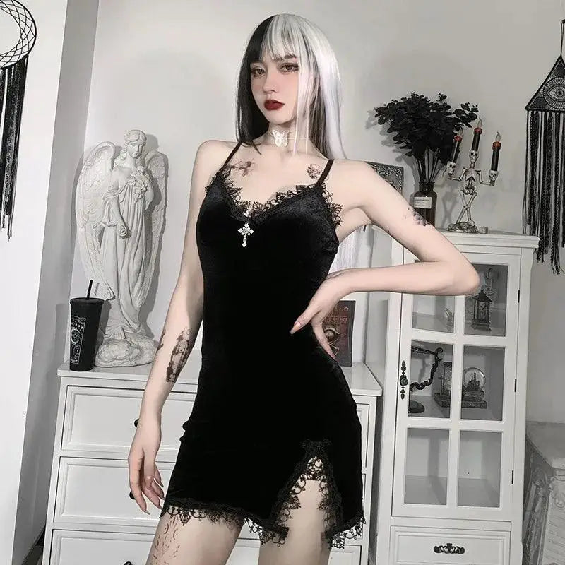 Seductive Gothic Mini Dress High Waist Spaghetti Strap
