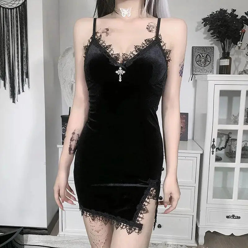 Seductive Gothic Mini Dress High Waist Spaghetti Strap