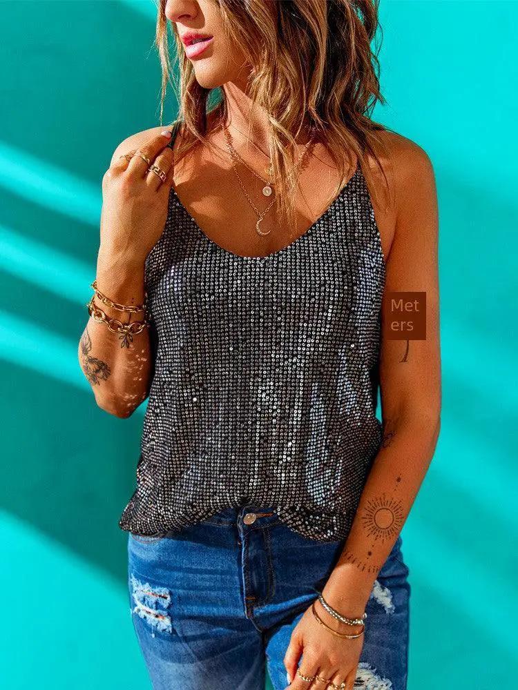 Diramon Sequin V Neck Camisole Women Stylish Party Top