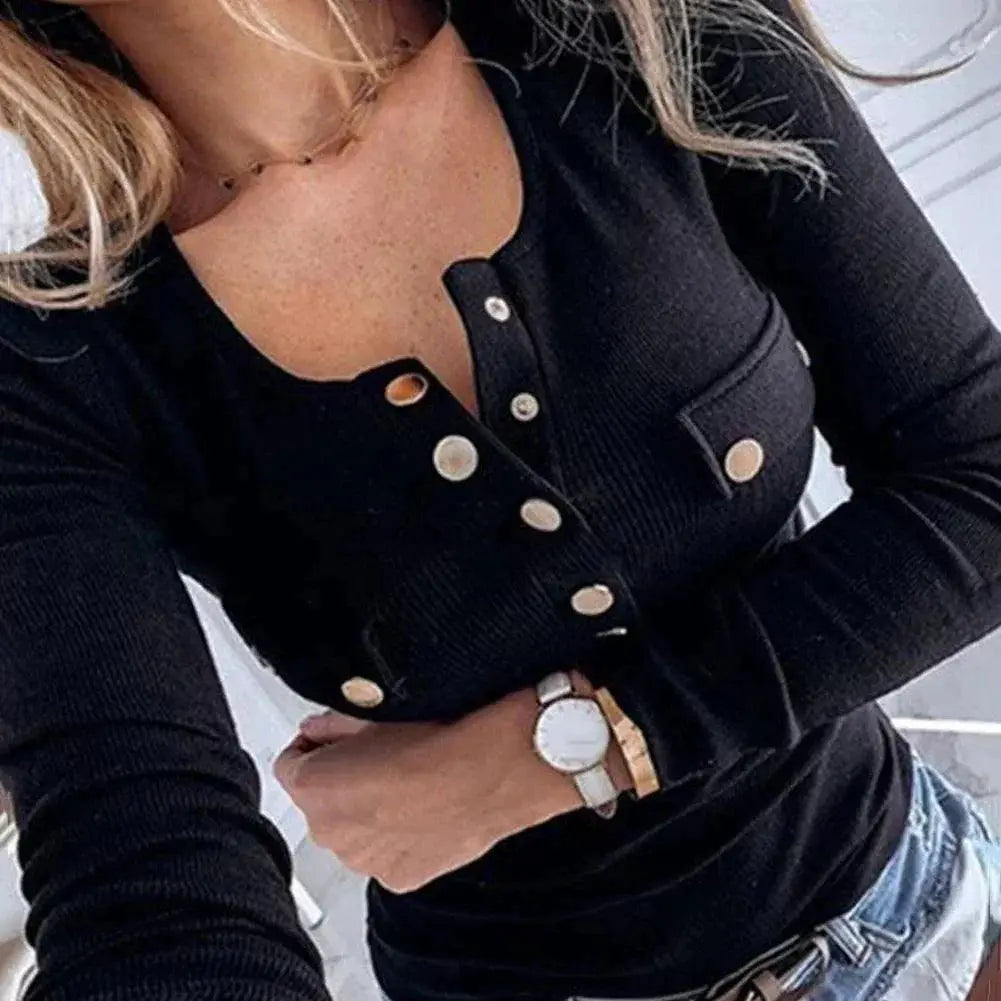 Sexy Solid Color Ribbed Blouse Chic Button Top Versatile Fit