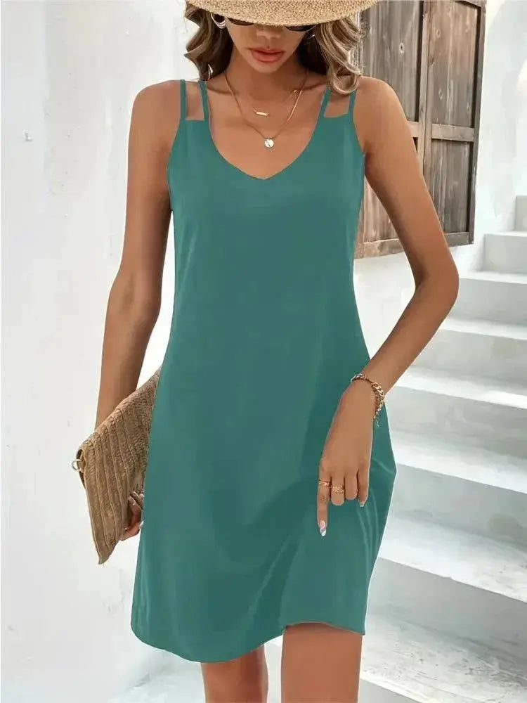 Sexy V Neck Sleeveless A Line Mini Dress Beachwear Fashion
